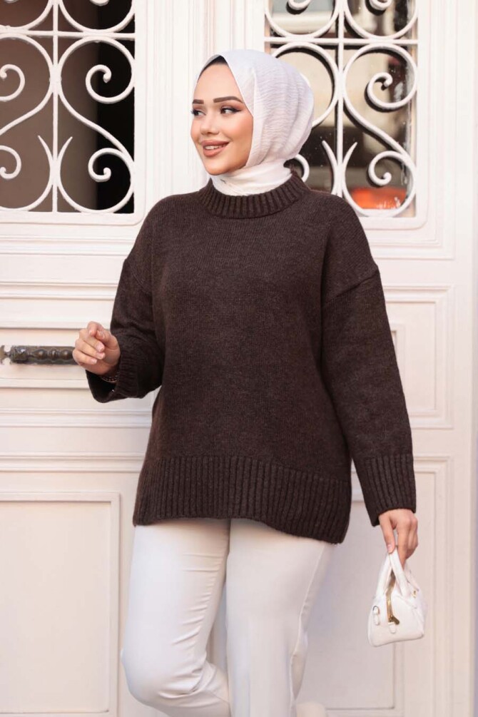 Koyu Kahverengi Tesettür Triko Kazak Tunik 55551KKH - 3
