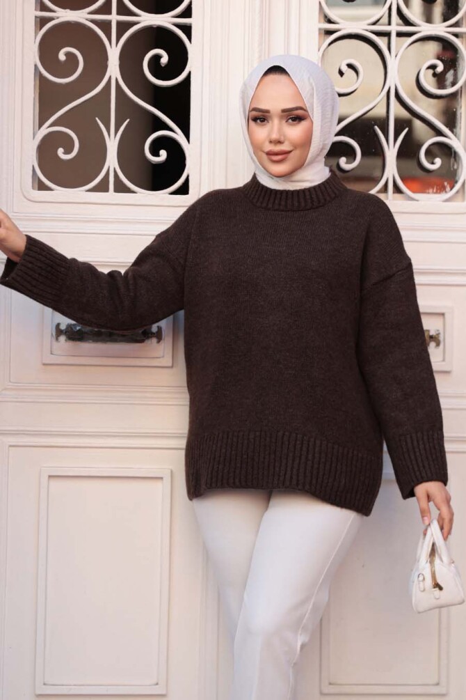 Koyu Kahverengi Tesettür Triko Kazak Tunik 55551KKH - 2