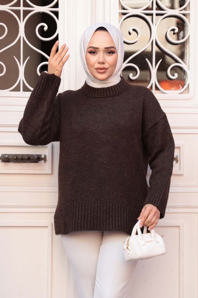 Koyu Kahverengi Tesettür Triko Kazak Tunik 55551KKH - N.S NEVA STYLE
