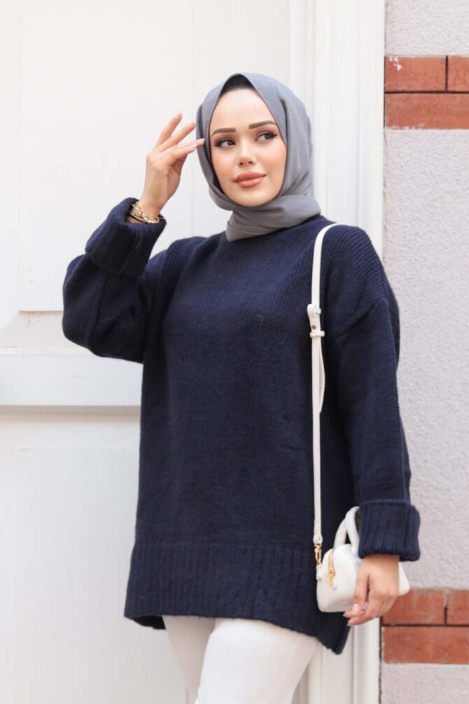 Koyu Lacivert Tesettür Triko Kazak Tunik 87181KL - 3