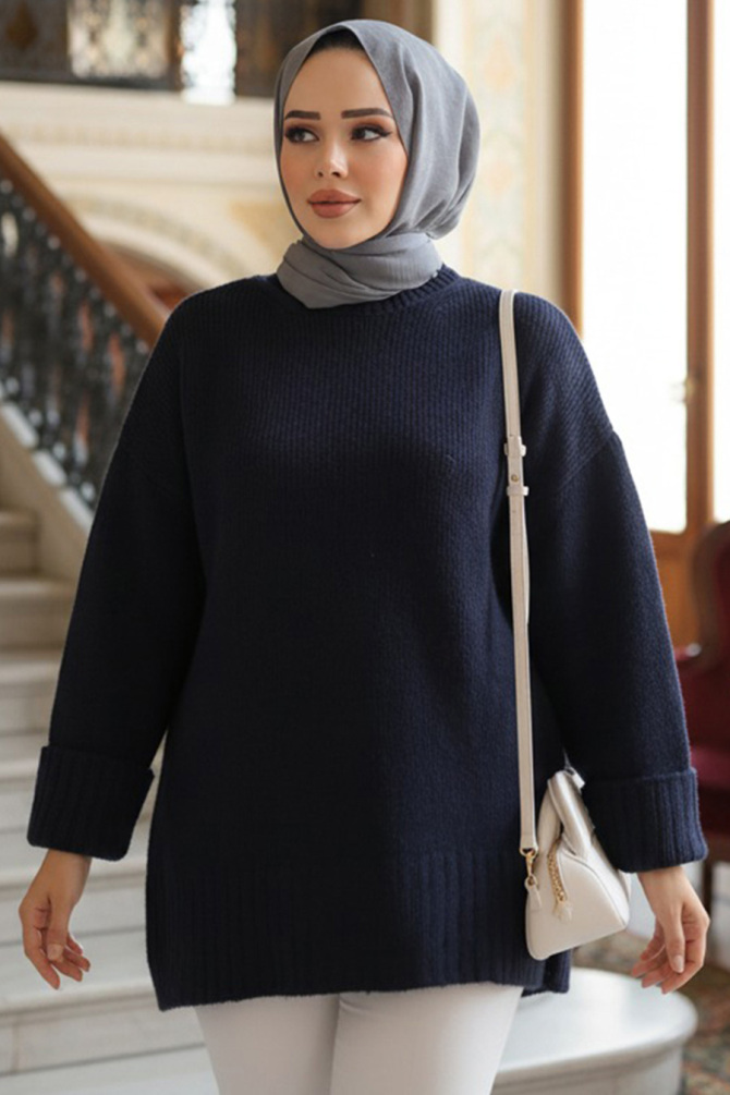 Koyu Lacivert Tesettür Triko Kazak Tunik 87181KL - 1