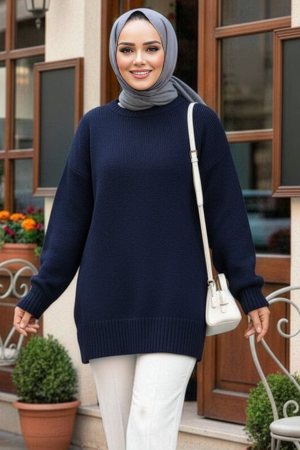 Koyu Lacivert Tesettür Triko Kazak Tunik 87181KL 