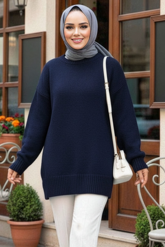 Koyu Lacivert Tesettür Triko Kazak Tunik 87181KL - 1