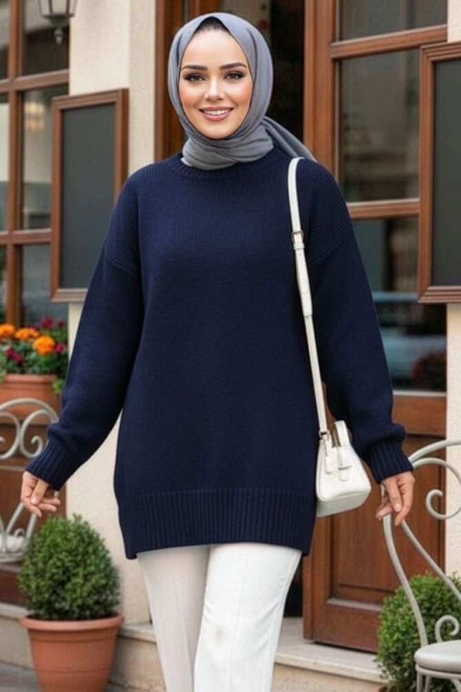 Koyu Lacivert Tesettür Triko Kazak Tunik 87181KL - 1