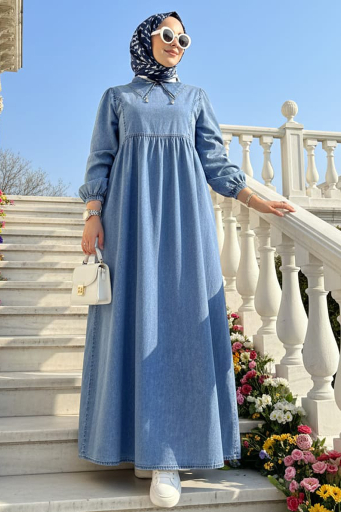 Koyu Mavi Tesettür Kot Elbise 19156KM - 1