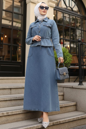 Koyu Mavi Tesettür Kot Elbiseli İkili Takım 44652KM 