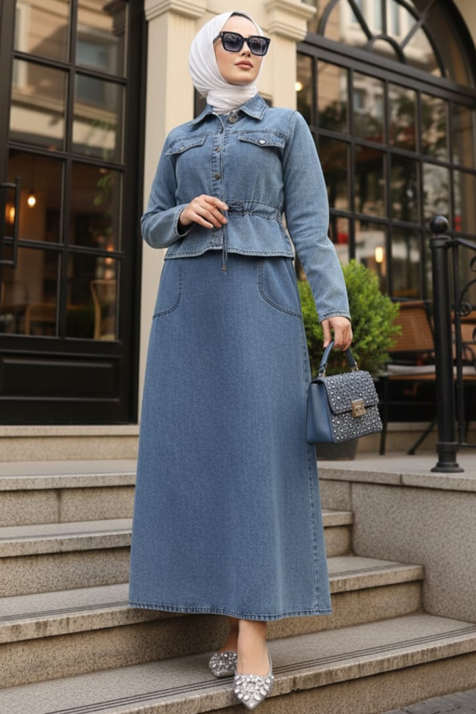 Koyu Mavi Tesettür Kot Elbiseli İkili Takım 44652KM - 1