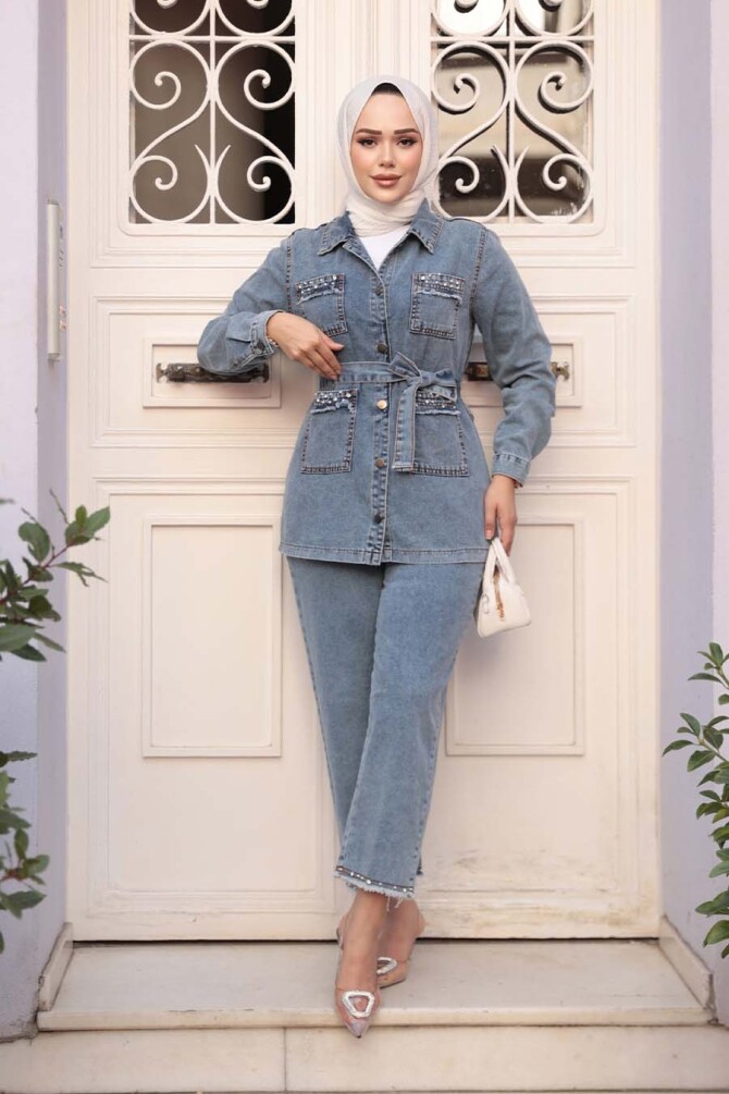 Koyu Mavi Tesettür Kot İkili Takım 44762KM - 1