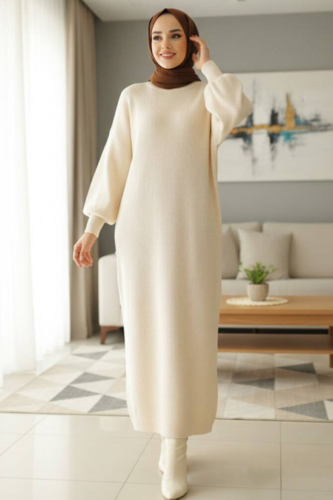 Krem Tesettür Triko Elbise 17205KR - 1