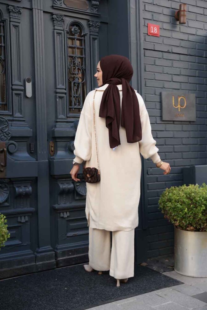 Krem Tesettür Triko İkili Takım 6036KR - 6