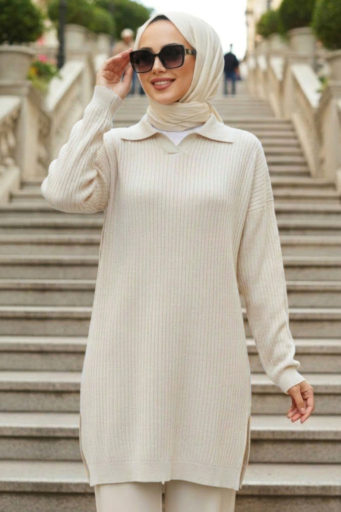 Krem Tesettür Triko Kazak 10921KR - 1