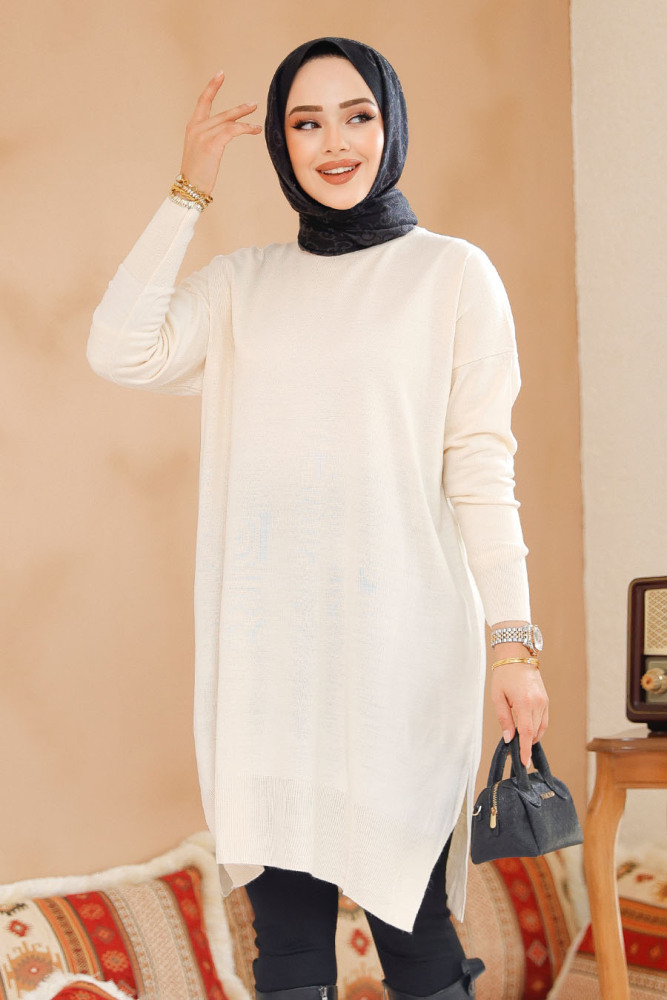 Krem Tesettür Triko Kazak Tunik 17203KR - 2