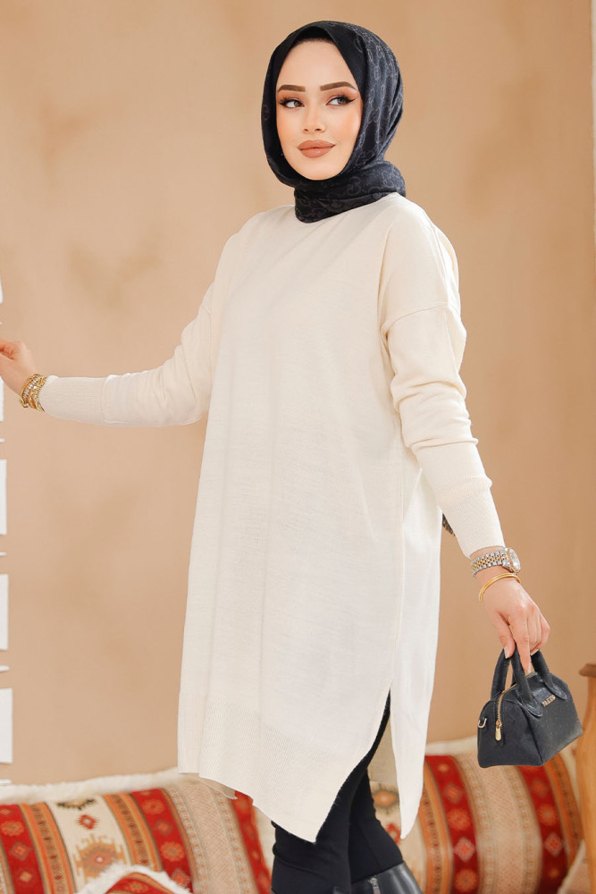 Krem Tesettür Triko Kazak Tunik 17203KR - 1