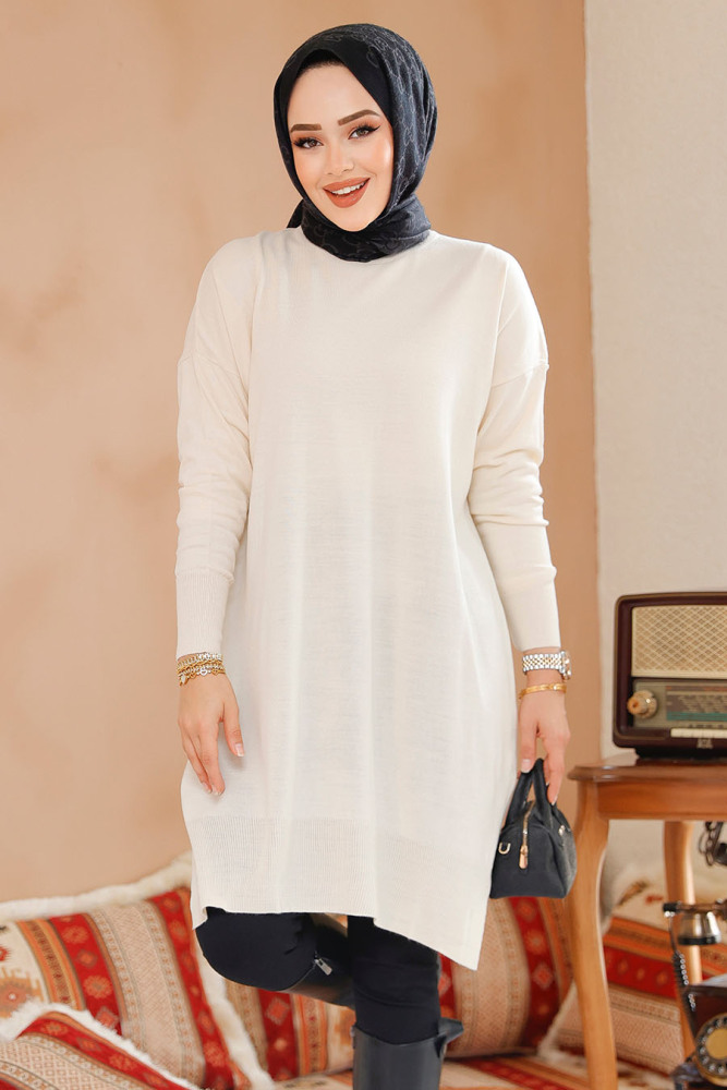 Krem Tesettür Triko Kazak Tunik 17203KR - 3