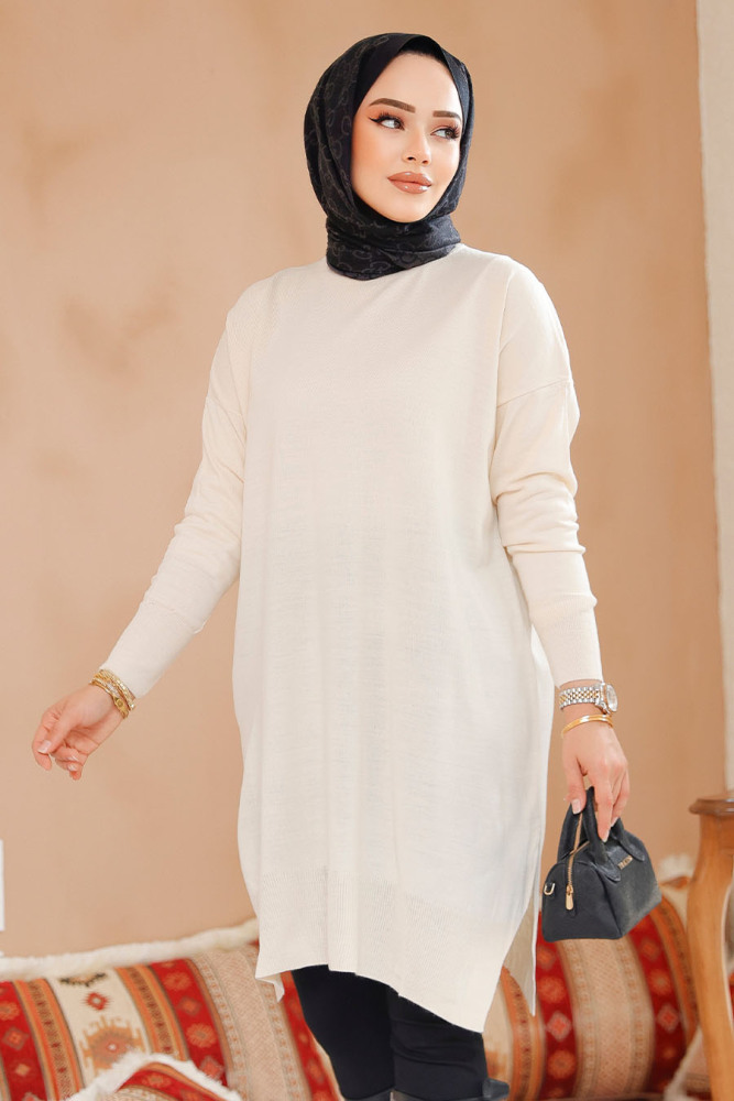 Krem Tesettür Triko Kazak Tunik 17203KR - 4