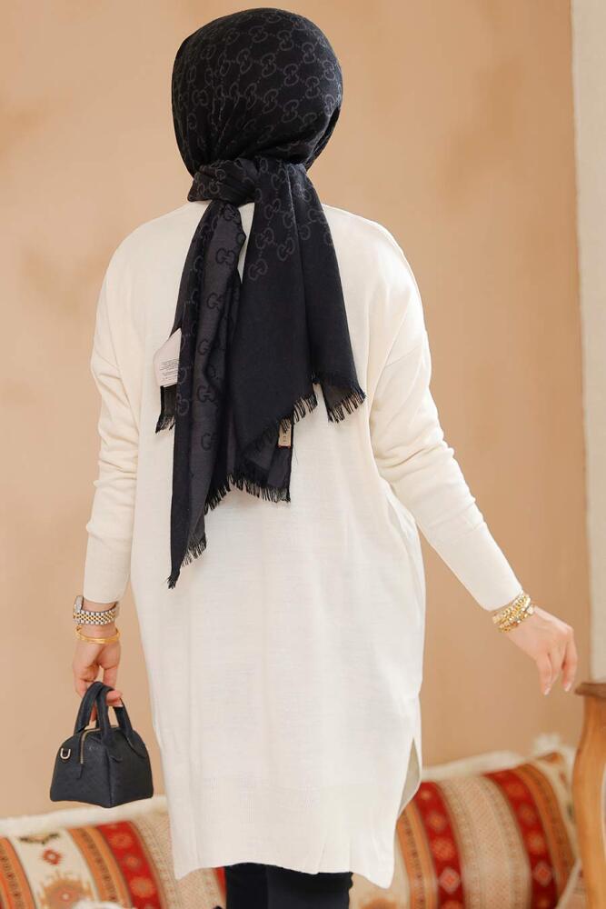Krem Tesettür Triko Kazak Tunik 17203KR - 5
