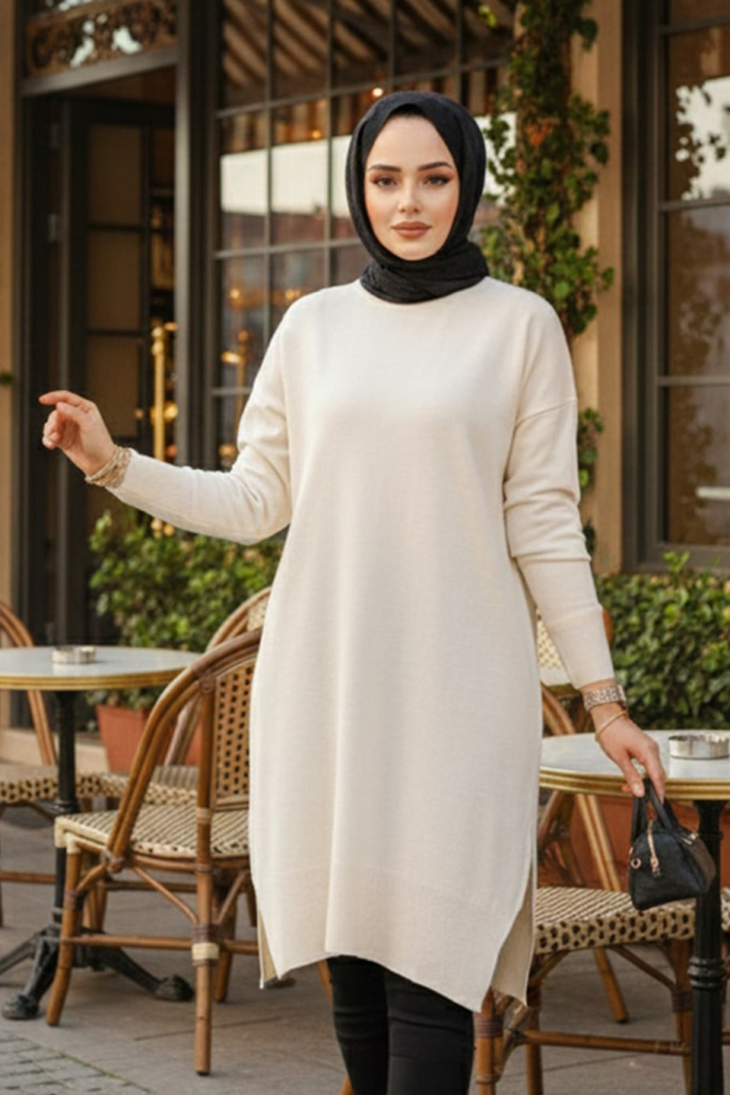 Krem Tesettür Triko Kazak Tunik 17203KR - 1
