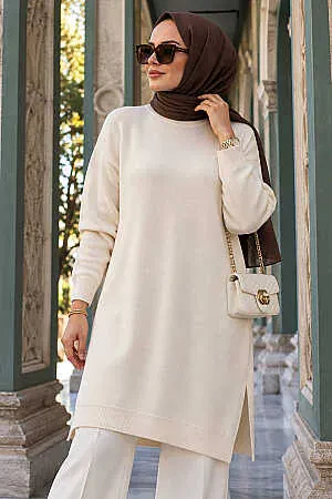 Krem Tesettür Triko Kazak Tunik 17203KR 
