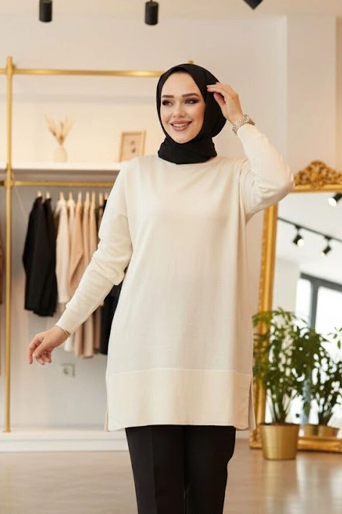 Krem Tesettür Triko Kazak Tunik 2822KR - 1