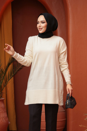 Krem Tesettür Triko Kazak Tunik 2822KR - 1