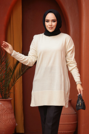 Krem Tesettür Triko Kazak Tunik 2822KR - 2