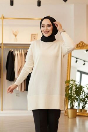 Krem Tesettür Triko Kazak Tunik 2822KR 
