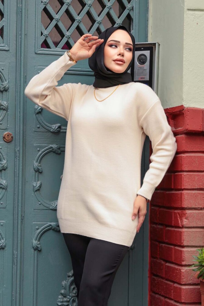 Krem Tesettür Triko Kazak Tunik 5374KR - 2