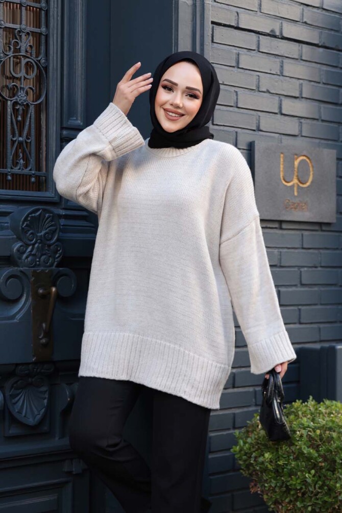Krem Tesettür Triko Kazak Tunik 70012KR - 1