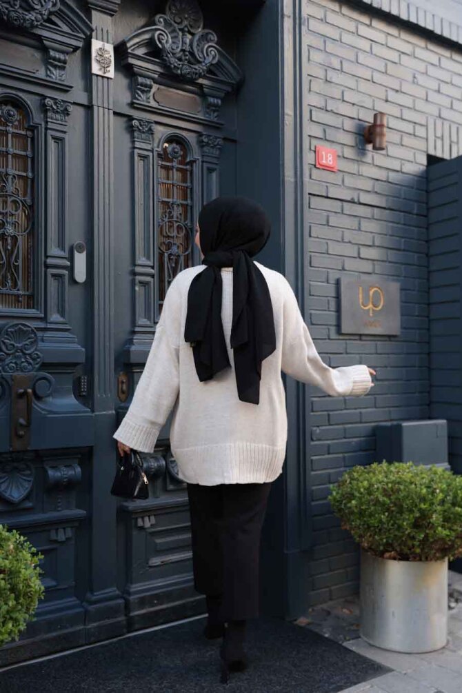 Krem Tesettür Triko Kazak Tunik 70012KR - 3