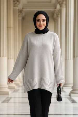 Krem Tesettür Triko Kazak Tunik 70012KR - 1