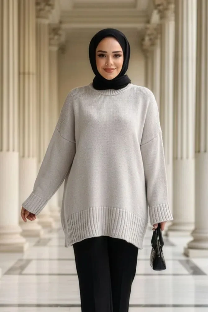 Krem Tesettür Triko Kazak Tunik 70012KR - 1