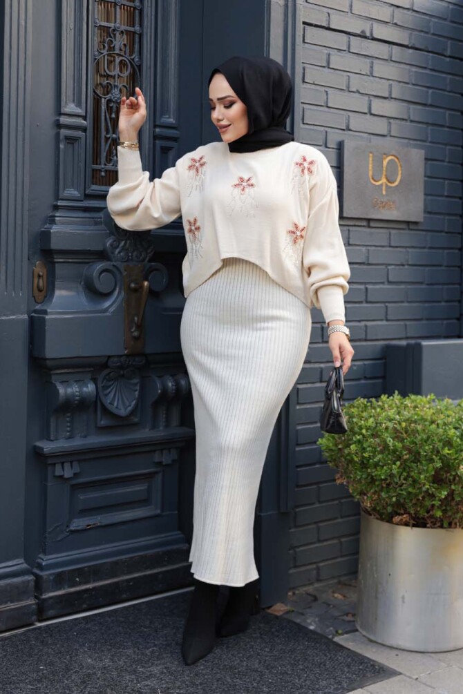 Krem Triko Tesettür Elbiseli İkili Takım 17208KR - 4
