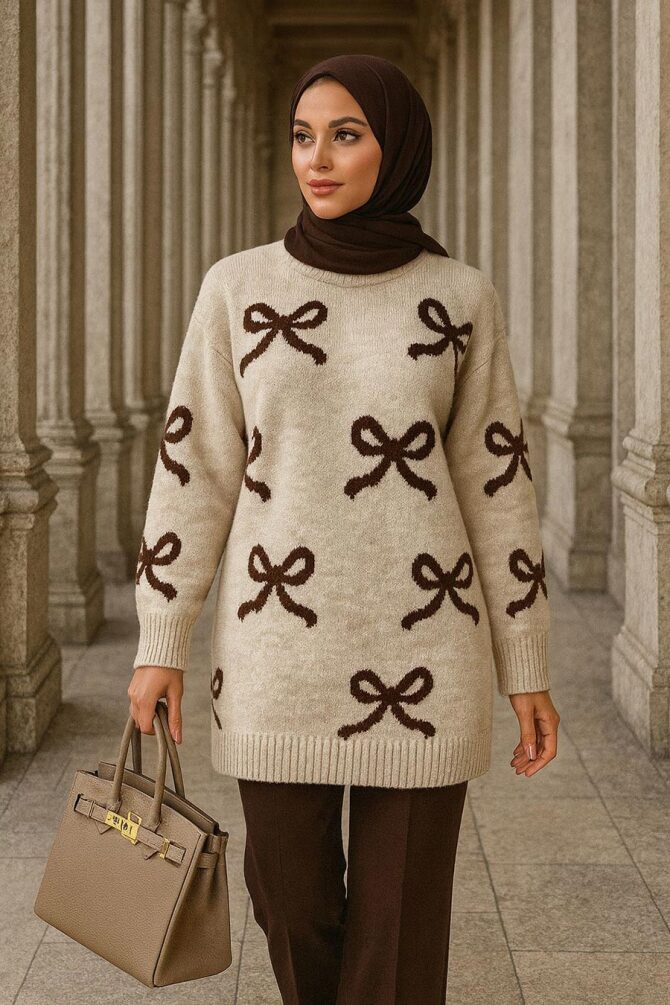 Kurdele Desenli Bej Tesettür Triko Kazak Tunik 8754BEJ - N.S NEVA STYLE