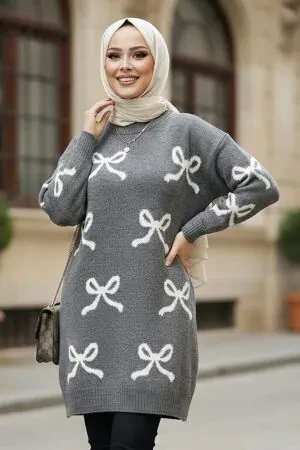 Kurdele Desenli Füme Tesettür Triko Kazak 8754FU 