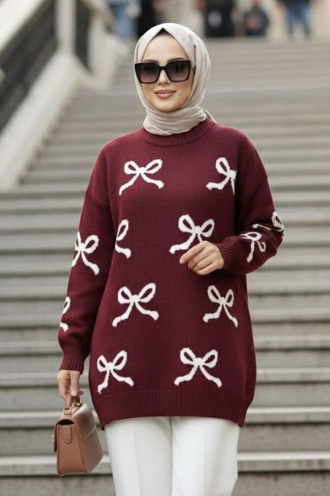 Kurdele Desenli Koyu Bordo Tesettür Triko Kazak 8754KBR - 1