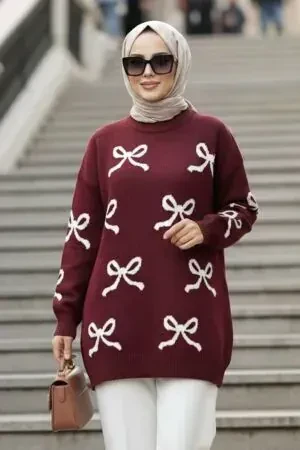 Kurdele Desenli Koyu Bordo Tesettür Triko Kazak 8754KBR 