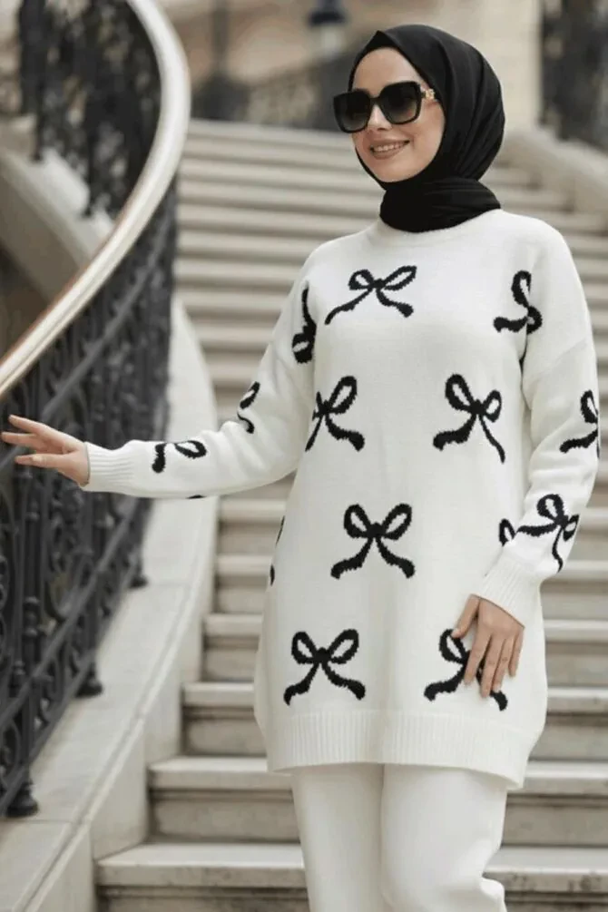 Kurdele Desenli Krem Tesettür Triko Kazak Tunik 8754KR - 1