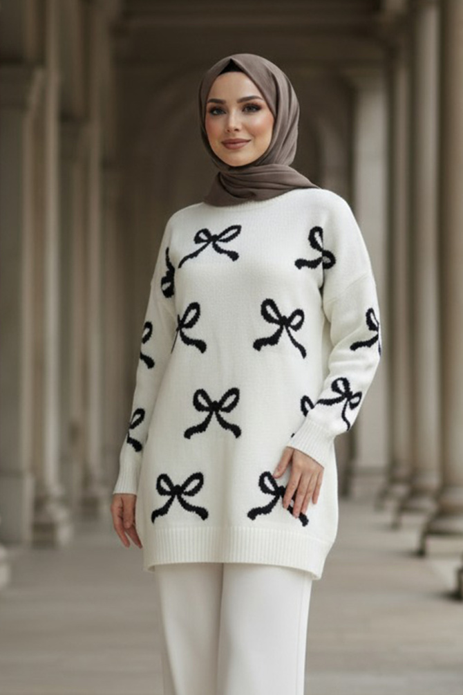 Kurdele Desenli Krem Tesettür Triko Kazak Tunik 8754KR - N.S NEVA STYLE