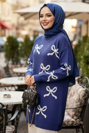 Kurdele Desenli Lavanta Tesettür Triko Kazak 8754LV 
