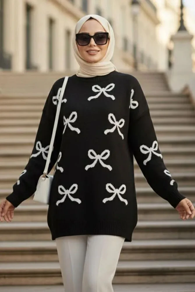 Kurdele Desenli Siyah Tesettür Triko Kazak Tunik 8754S - 1
