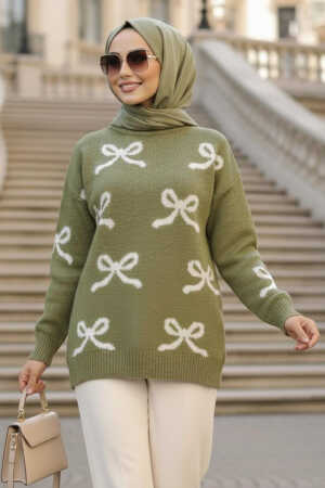 Kurdele Desenli Yağ Yeşili Tesettür Triko Kazak Tunik 8754YY - 1