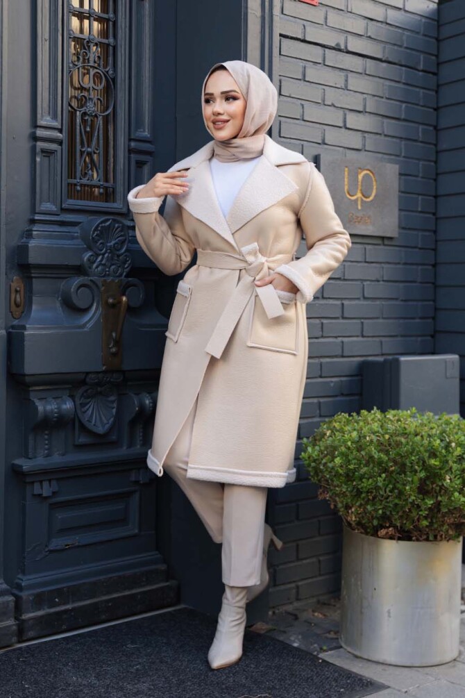 Kürk Detaylı Bej Tesettür Suni Deri Mont 62391BEJ - 2