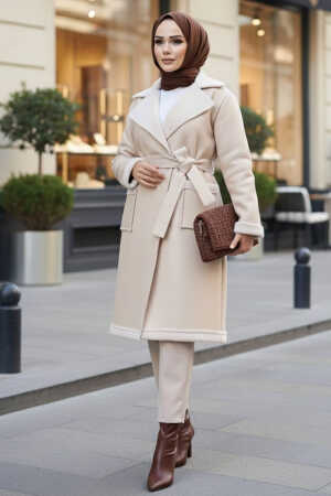 Kürk Detaylı Bej Tesettür Suni Deri Mont 62391BEJ - N.S NEVA STYLE