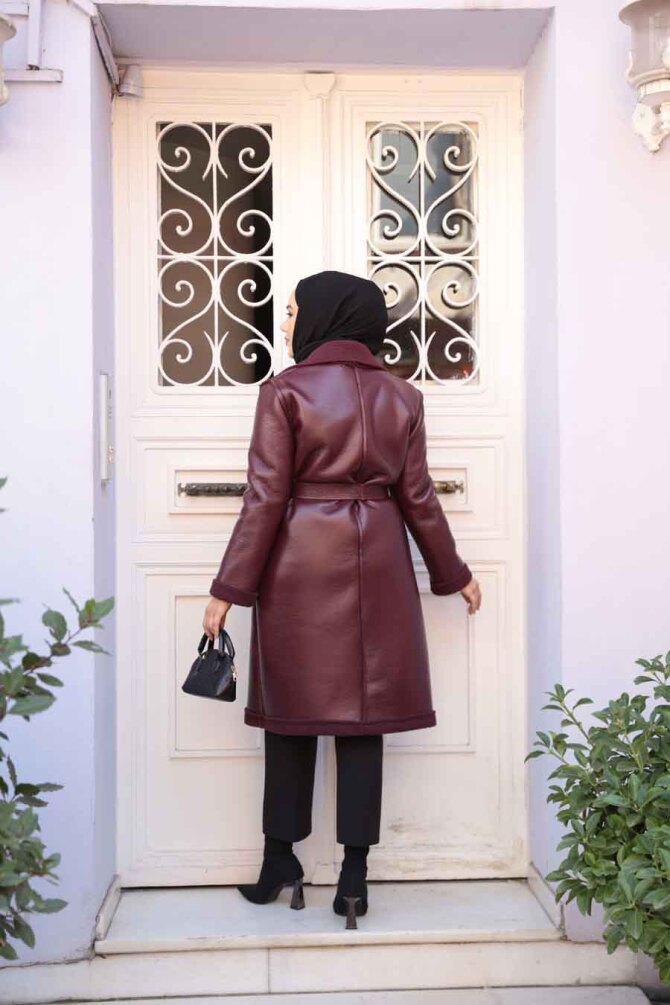 Kürk Detaylı Bordo Tesettür Suni Deri Mont 62391BR - 3