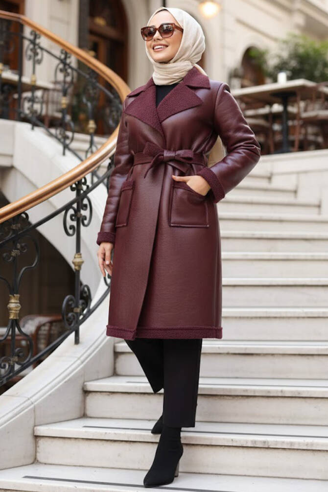 Kürk Detaylı Bordo Tesettür Suni Deri Mont 62391BR - 1