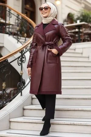 Kürk Detaylı Bordo Tesettür Suni Deri Mont 62391BR 