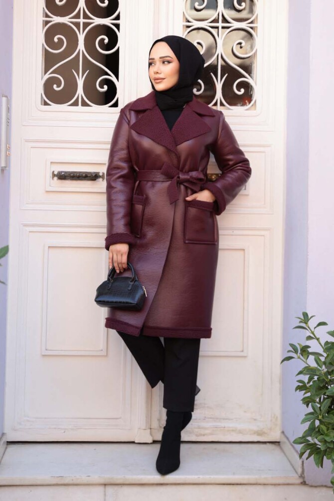 Kürk Detaylı Bordo Tesettür Suni Deri Mont 62391BR - N.S NEVA STYLE
