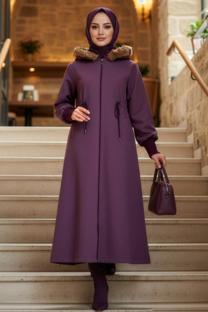 Kürk Detaylı Gül Kurusu Tesettür Kaşe Kap 6265GK - N.S NEVA STYLE