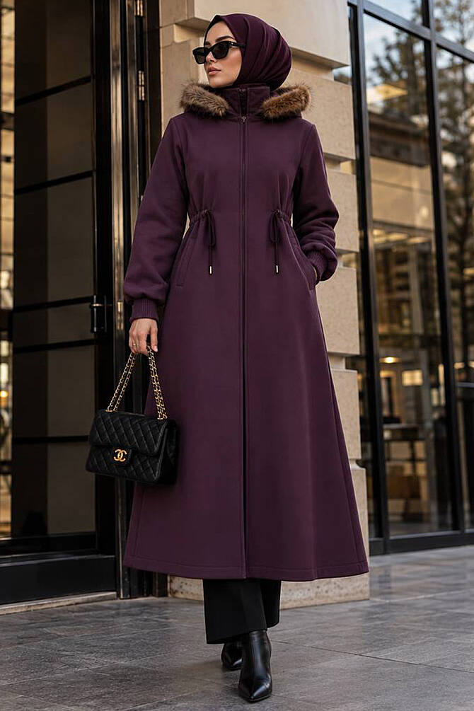 Kürk Detaylı Gül Kurusu Tesettür Kaşe Kap 6265GK - N.S NEVA STYLE