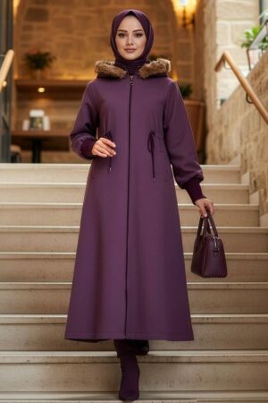 Manteau long en drap de laine avec finitions en fausse fourrure – Vieux rose 6265GK 